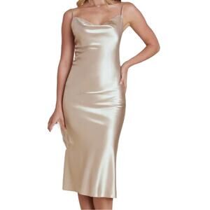 Birdy Grey Shiny Satin Midi Slip Dress L Champagne Gold Bridesmaid Wedding Party